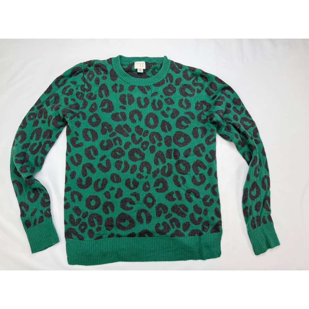 A New Day Womens Green Leopard Print Crewneck Sweater Size S Animal Print Knit